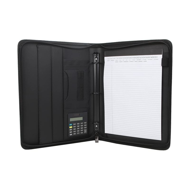 Business Portfolio with Zipper 3 Ring Binder Organizer - PU Leather Folder Padfolio Document Organizer with Solar Calculator,Writing Pad Zippered Portfolio With 3 Ring Binder+calculator