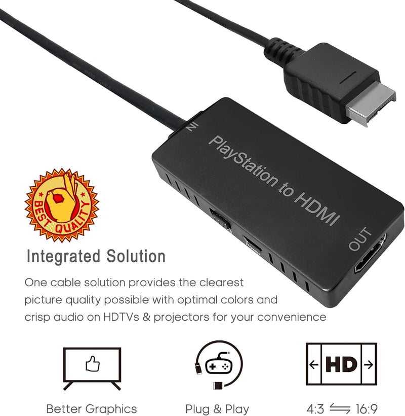 HD Link HDMI Cable for PlayStation 2 & for PlayStation 1 Console, for PS1/PS2 to HDMI Adapter Improved Video Quality, HD Converter with 4:3/16:9 Switch HDCABLEPS2-02