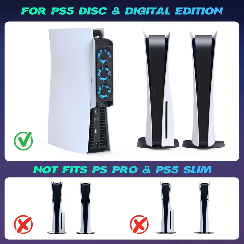 Upgraded Cooling Fan for PS5 Console,Quiet & Efficient Cooler with LED Light and USB 3.0 Port, Dual-Speed PlayStation 5 Cooling System for Disc & Digital Edition (Not for Slim/Pro) ps5 fan