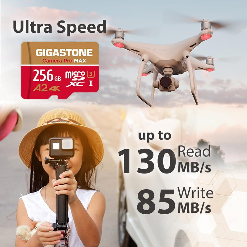 [AUSTRALIA] - [5-Yrs Free Data Recovery] GIGASTONE 256GB Micro SD Card with USB 3.2 Type C Card Reader, 4K Camera Pro MAX, A2 V30 MicroSDXC Memory Card for Gopro, 4K UHD Video, Up to 130/85 MB/s with Adapter