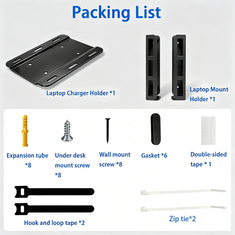 Universal Wall & Under Desk Laptop Mount and Charger Holder | for most laptops as MacBooks, Surface,Tablets, and 100W or Higher Chargers, with Adhesive, Screws, Anti-Scratch Pads