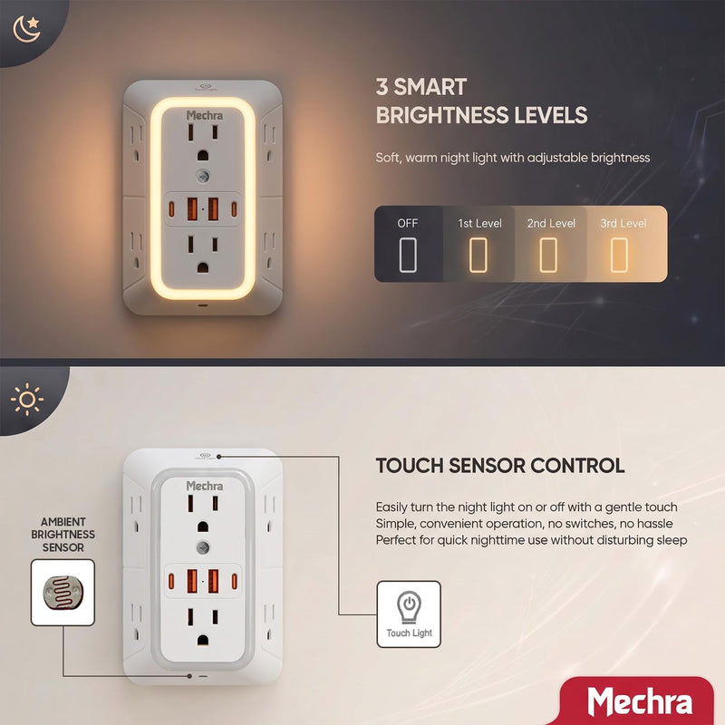 10-in-1 Wall Outlet Extender with Night Light, 3-Sided Multi Plug Surge Protector (1050J), 6 Wide Spaced AC Outlets & 4 USB Ports, Wall Mount Wall Charger for Home, Office, School & Travel White Standard