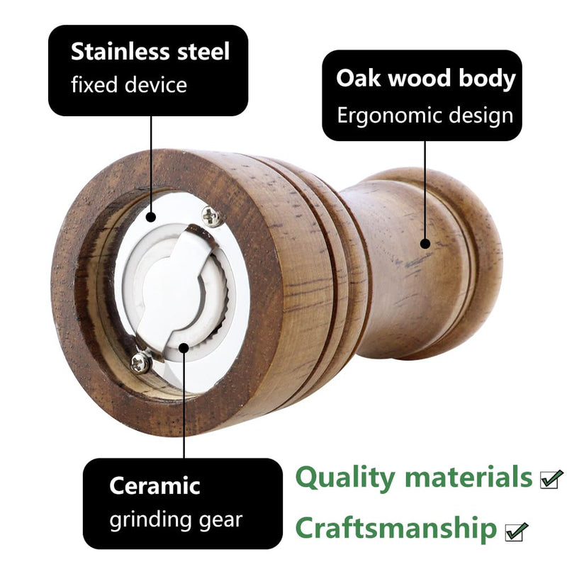 1 Pack 5 Inch Wood Pepper Grinder Wooden Pepper Mill or Salt Mill Salt Shakers with Adjustable Ceramic Rotor Refillable Ceramic Grinding Mechanism Oak Wood Pepper Grinder for Kitchen