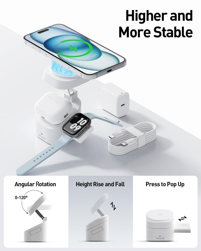 iWALK Higher and More Stable 3 in 1 Foldable wireless charging station,15W Max Fast Charging Stand, magnetic Charger for iPhone 15/14/13, Apple Watch S1-8/Ultra, AirPods (20W USB-C Charger Included) white