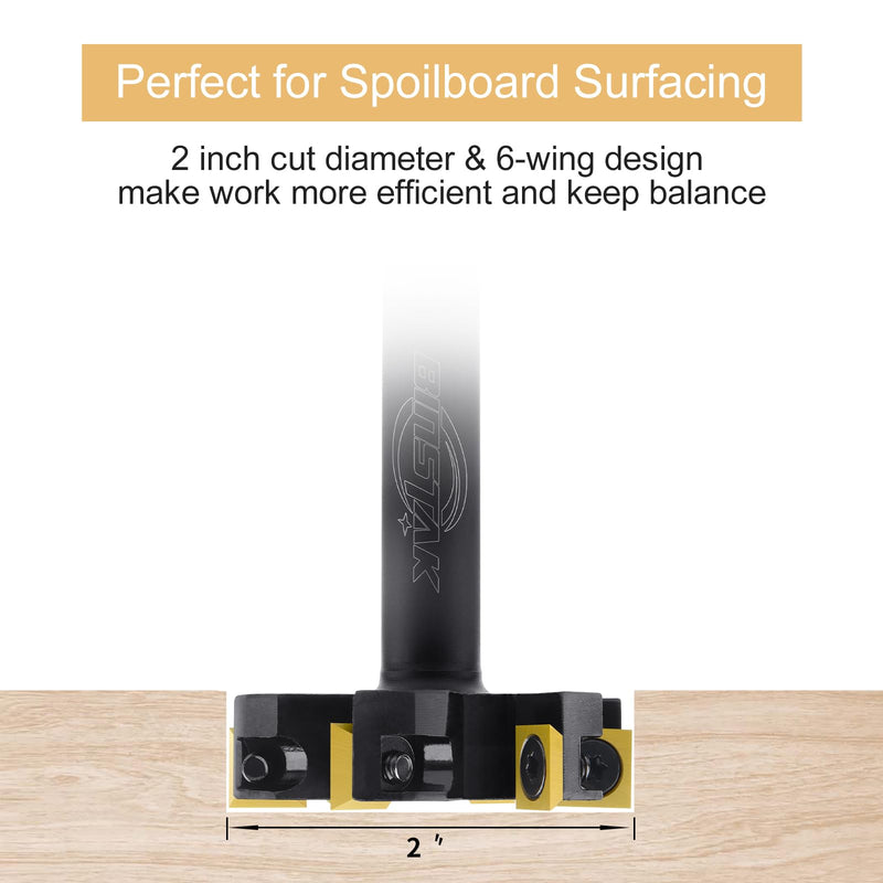 CNC Spoilboard Surfacing Router Bit, 1/2" Shank 2" Cutting Diameter, 6 Wings Carbide Insert Slab Flattening Router Bits Wood Planing Planer Bit Surfacing Bit 1/2" Shank-2" Cut Dia. (6 Inserts)