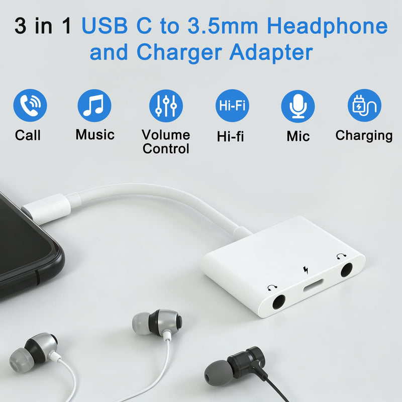 Kemsky USB C Double Headphone Splitter with PD 60W Fast Charging | 3 in 1 Type C to Dual 3.5mm Jacks Audio Adapter for iPhone 17/16/15 Pro/Max/Plus, iPad, Galaxy S23/S24/S25/S26 Ultra