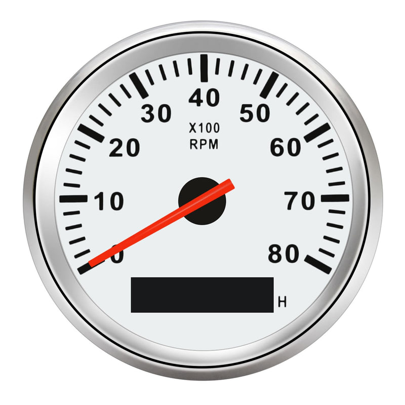 Geloo 85mm Boat Tachometer Gauge Marine RPM Tachometer Outboard Tachometer 0-8000 RPM Tacho Meter with Hour Meter RED Blacklight for Diesel Engine Car Truck Tachometer 8000RPM 12V 24V White & Silver