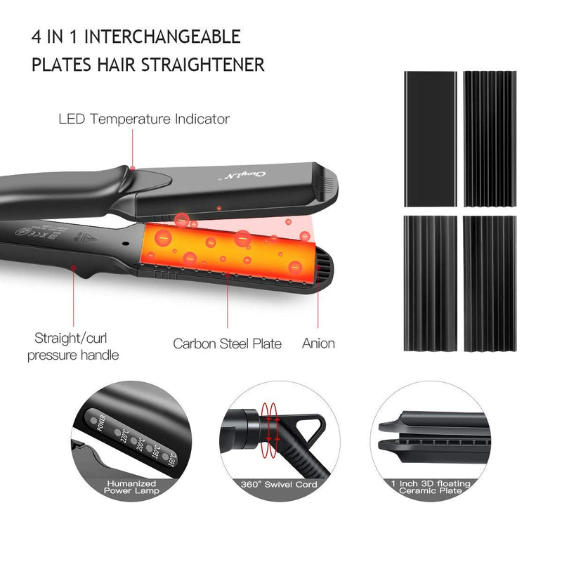  [AUSTRALIA] - Hair Crimper, CkeyiN Professional Crimping Iron and Straighter with Heat Resistant Glove Adjustable Temperature Dual Voltage 4 Interchangeable Ceramic Plates (Black) Black