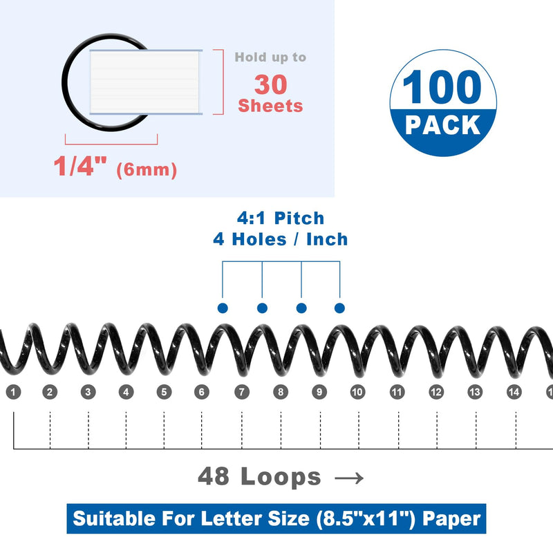 HOUYEE 100 Pack Plastic Spiral Binding Coils,6mm(1/4 Inch),30 Sheet Capacity,4:1 Pitch (Black) 1/4"(30 sheet capacity)