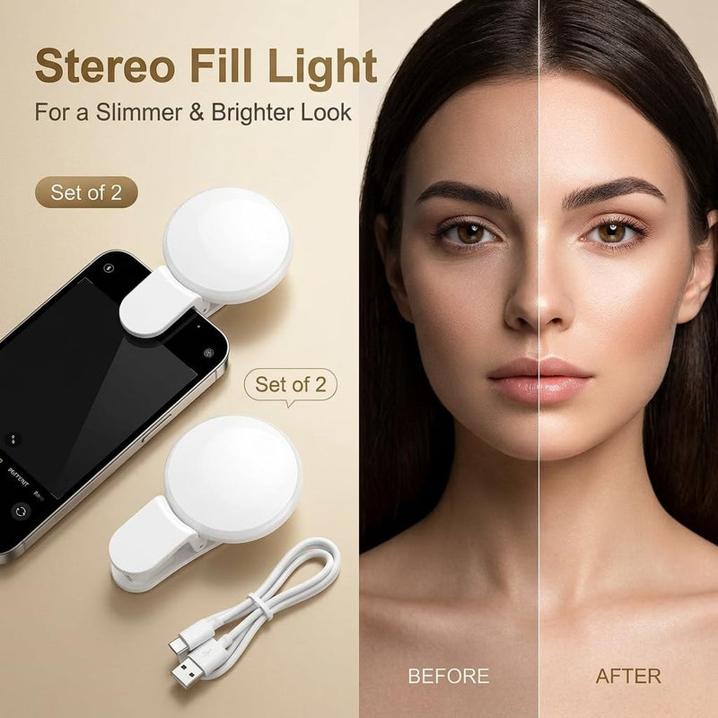 2Pcs Mini LED Ring Light for Phone, Rechargeable Clip On Selfie Light | Portable Adjustable Brightness LED Lighting for Video Recording, Compatible with iPhone, iPad, Laptop (White)