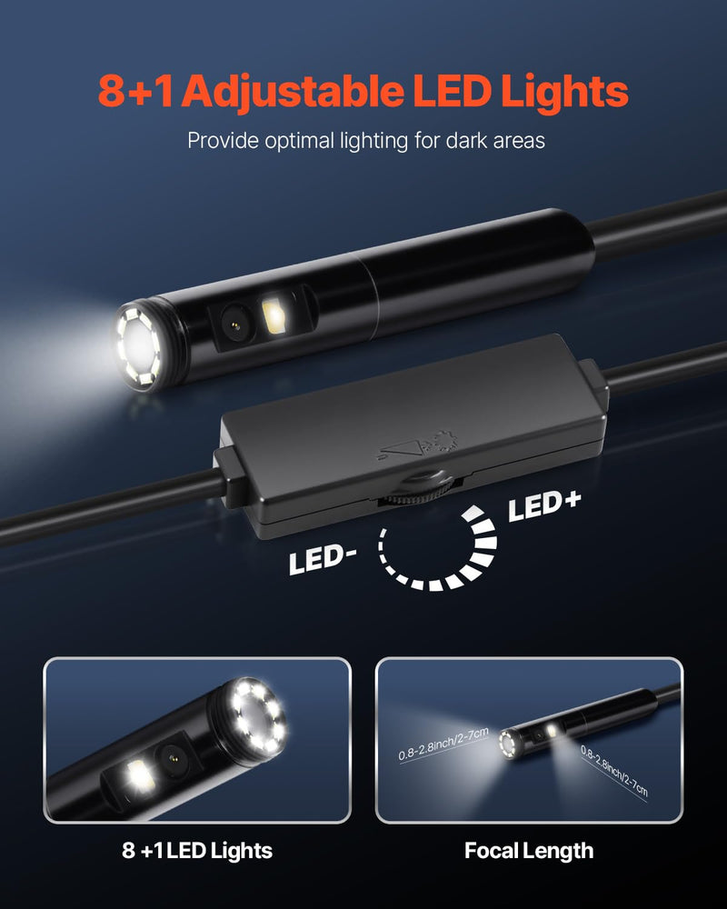 VEVOR Endoscope Camera with Light, Dual Lens Borescope for Android & iOS, 1920P HD Inspection Camera with 8 + 1 LED Light, 2X Zoom, 16.4FT Snake Cable, IP67 Waterproof Snake Camera for Auto, Plumbing
