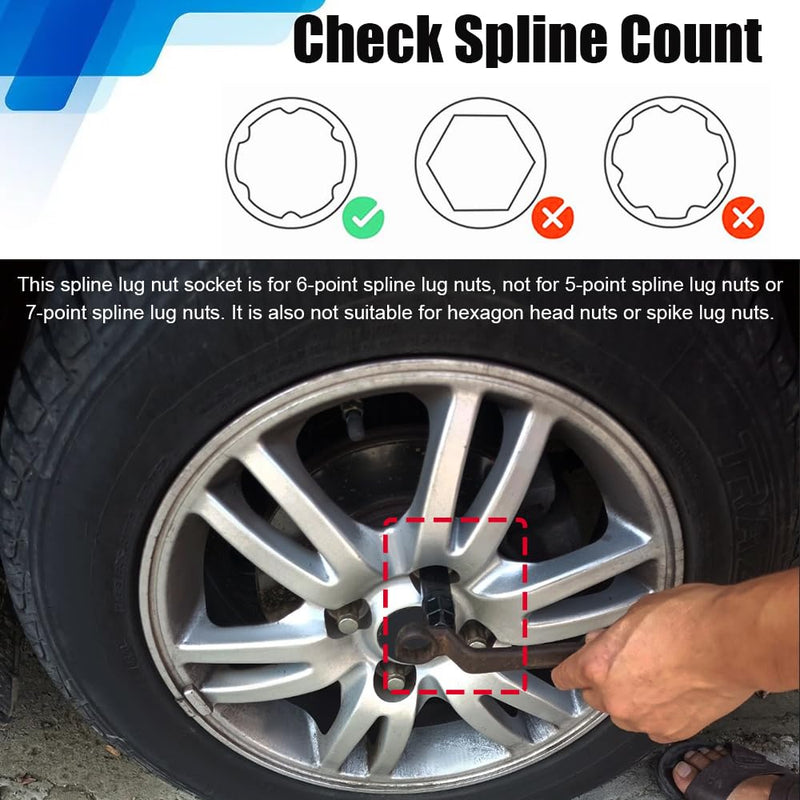 Small 6 Spline Lug Nut Socket, Wheel Lock Key Replacement for Six-Spline Wheel Lock Lug Nuts, Wheel Lock Removal Tool for 19 mm(3/4 Inch)&21 mm(13/16 Inch) Hex Socket Wrench (Small 6 Spline) Small 6 Spline