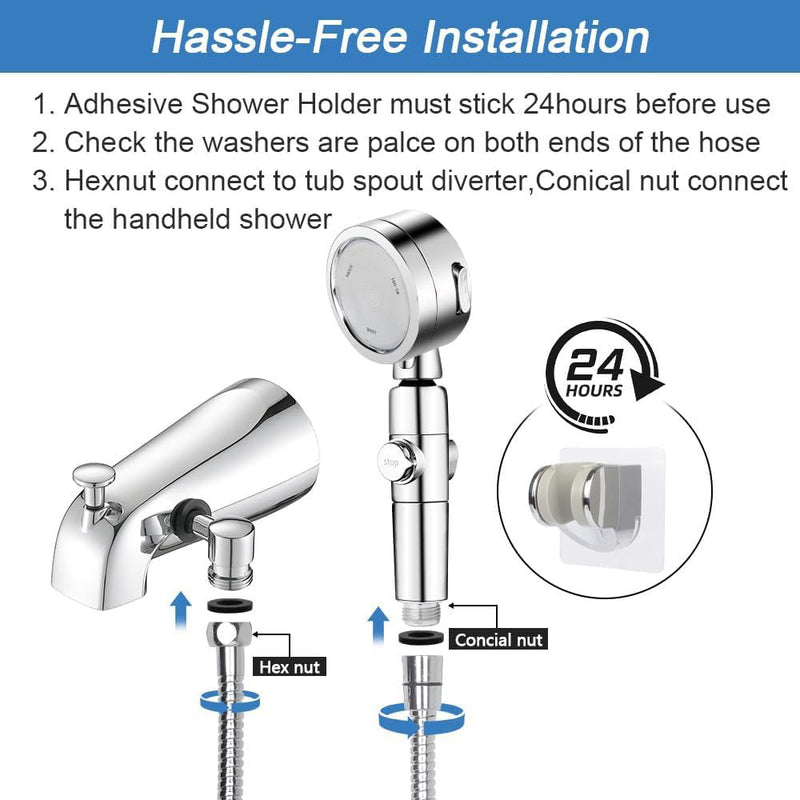 Chrome Tub Spout with Diverter slip fit 1/2 inch Copper Tube, High Pressure filtered Handheld Shower with 3 Spray Modes On/Off Switch, 59 inch hose, Bracket, No Drill Required Install Shower set