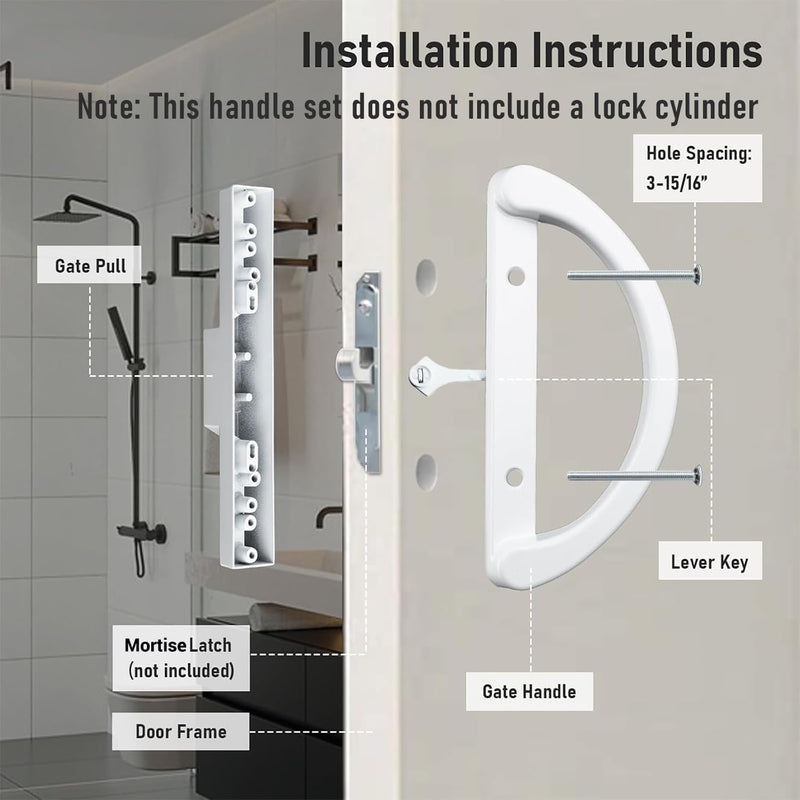 HOME MASTER HARDWARE Patio Sliding Glass Door Handle Set, Non-Keyed Sliding Patio Door Handles Replacement, White Diecast Slider Door Handle Fits 3-15/16 Hole Spacing for Mortise Style,1 Set