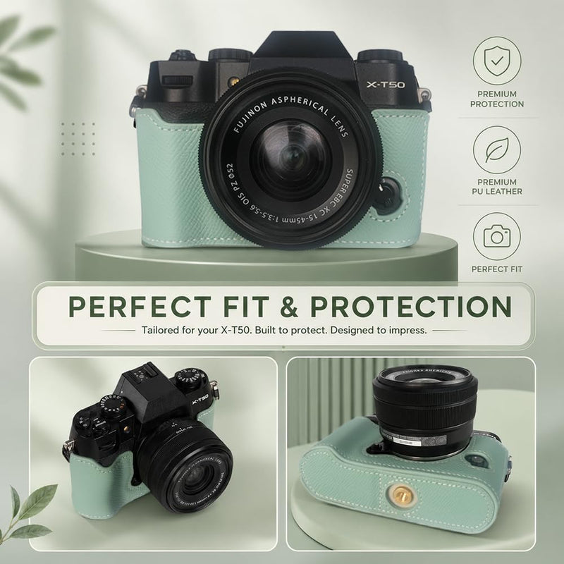 Bowan X-T50 Camera Case, Handmade Genuine Real Leather Half Camera Case Bag Cover for Fujifilm X-T50 Camera Bottom Opening Version + Hand Strap (Mint green) Mint green