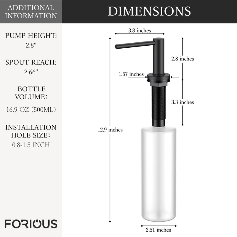 FORIOUS Soap Dispenser for Kitchen Sink, Black Stainless Steel Liquid Dish Soap Dispenser Pump with Top Refill 17oz Soap Bottle, Built in Sink Lotion Dispenser for Kitchen Countertop Matte Black