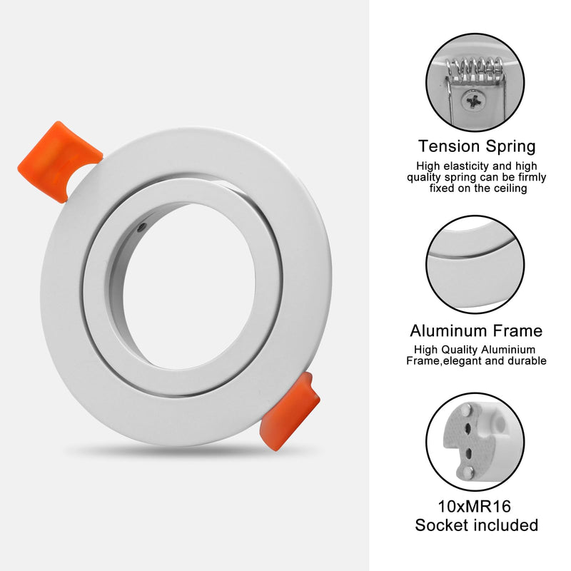 Pack of 10 LED Ceiling Light Frame Round Fixture Holders Adjustable Cutout 65mm with MR16 sockets for 1.97in/50mm GU5.3/MR16/GU10 Bulbs (White) white-10pack
