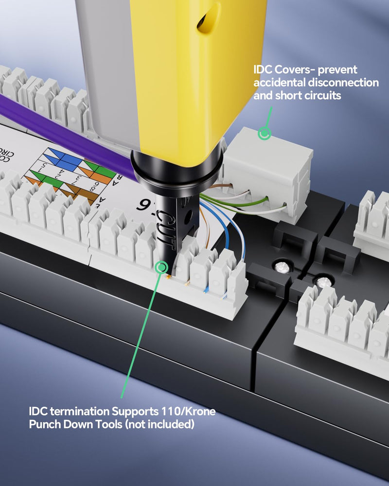VCELINK 24-Port CAT6 Unshielded Patch Panel with Dust Cover, 1U RJ45 Rackmount Panel with Detachable Cable Management Bar for CAT5/5E/6 Cabling
