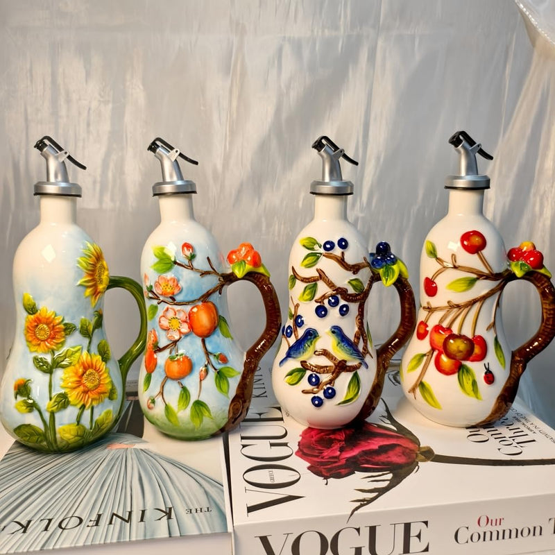 18.26oz/540ml Ceramic Olive Oil Dispenser Bottle,Hand Painted Reliefs Oil Dispenser for Kitchen,Oil Bottles for Kitchen (Blueberry) Blueberry