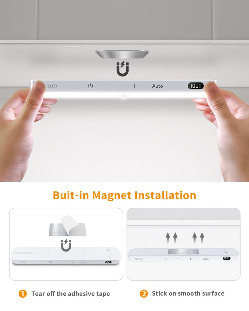 WILLED Motion Sensor Light Indoor, Battery Display, 60 LED Touch Light Bar, Under Cabinet Lights Rechargeable, Battery Operated Closet Light Wireless, Stick on Under Counter Lights for Kitchen(4 Pack) Cool White 6000K 4 Pack