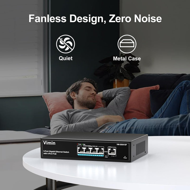 4 Port Gigabit PoE Switch with 1 Uplink Gigabit Ports, VIMIN 5 Port Unmanaged Ethernet PoE Switch with 72W Power, Support IEEE802.3af/at, VLAN, Metal Housing, Desktop or Wall-Mount, Plug & Play 5 Port | 4xPoE + 72W | 1xUPLink