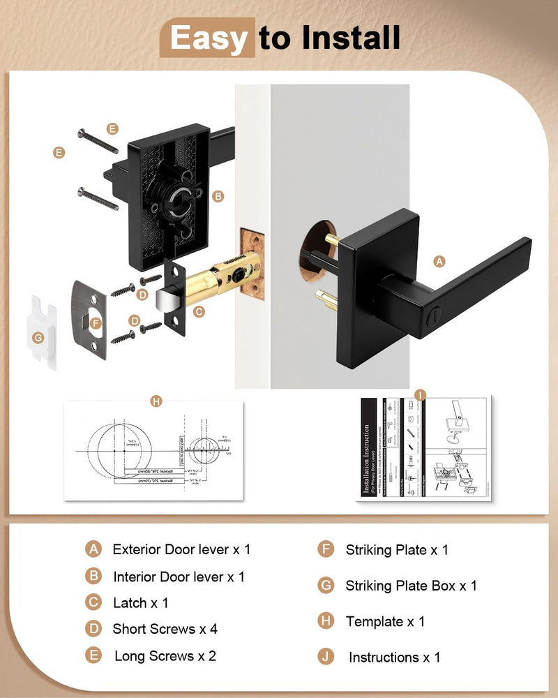 Probrico Interior Privacy Matte Black Door Handle, Long Plate Keyless Door Lever with Lock for Bedroom and Bathroom, 2 Pack