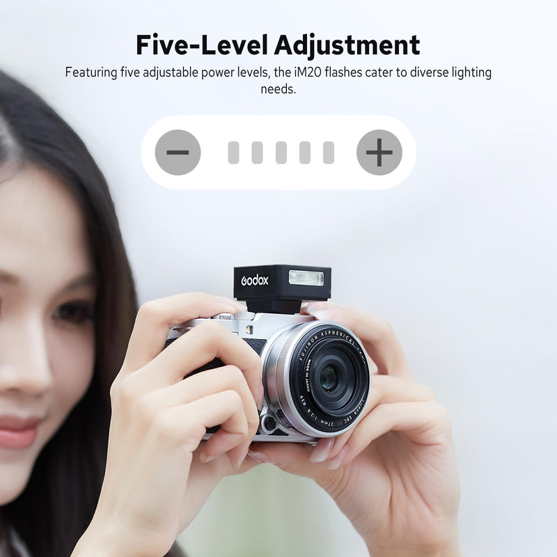 Godox iM20 Camera Flash, Mini Flash Speedlite, 440 Full Power Flashes, Built in Lithium Battery, 5 Power Levels, Single Contact Hot Shoe Design, Compatible for Canon Sony Fuji Nikon Panasonic Olympus
