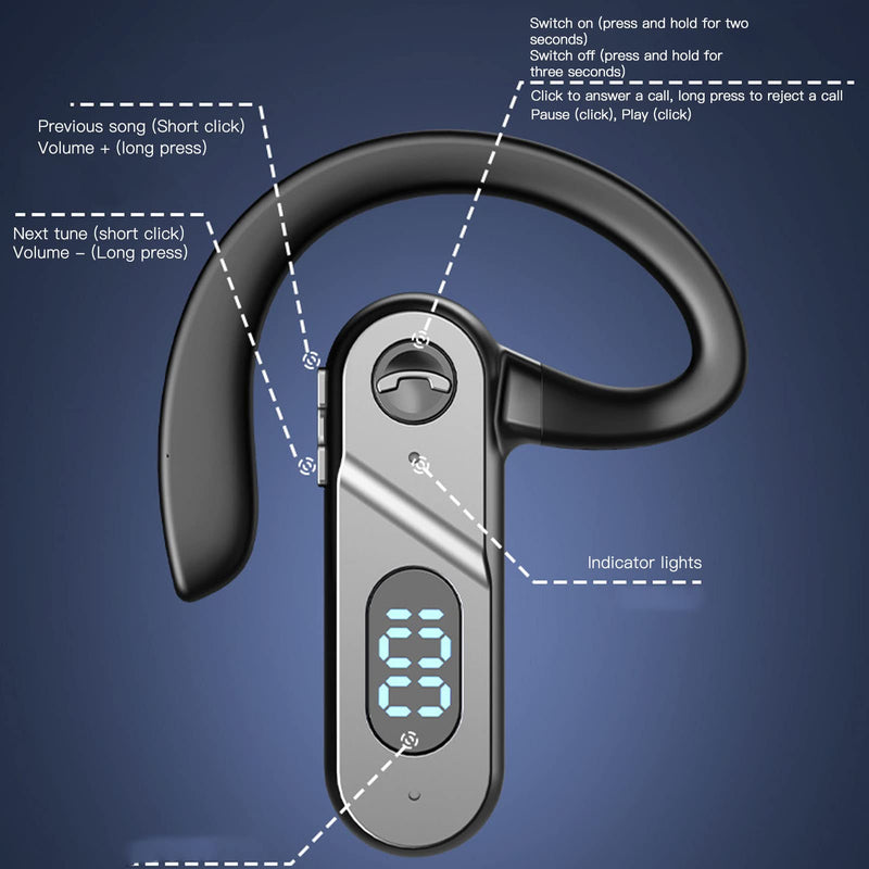 JTLB Bluetooth 5.2 Headset, Earhook Design LED Digital Display Bluetooth Earphones for Business Driving Travel