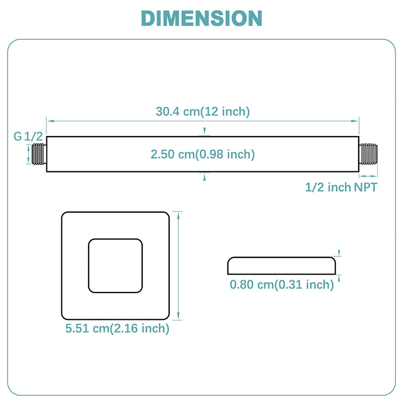 BESTILL 12 Inch Matte Black Ceiling Mount Shower Arm and Flange, Square Rain Shower Head Arm