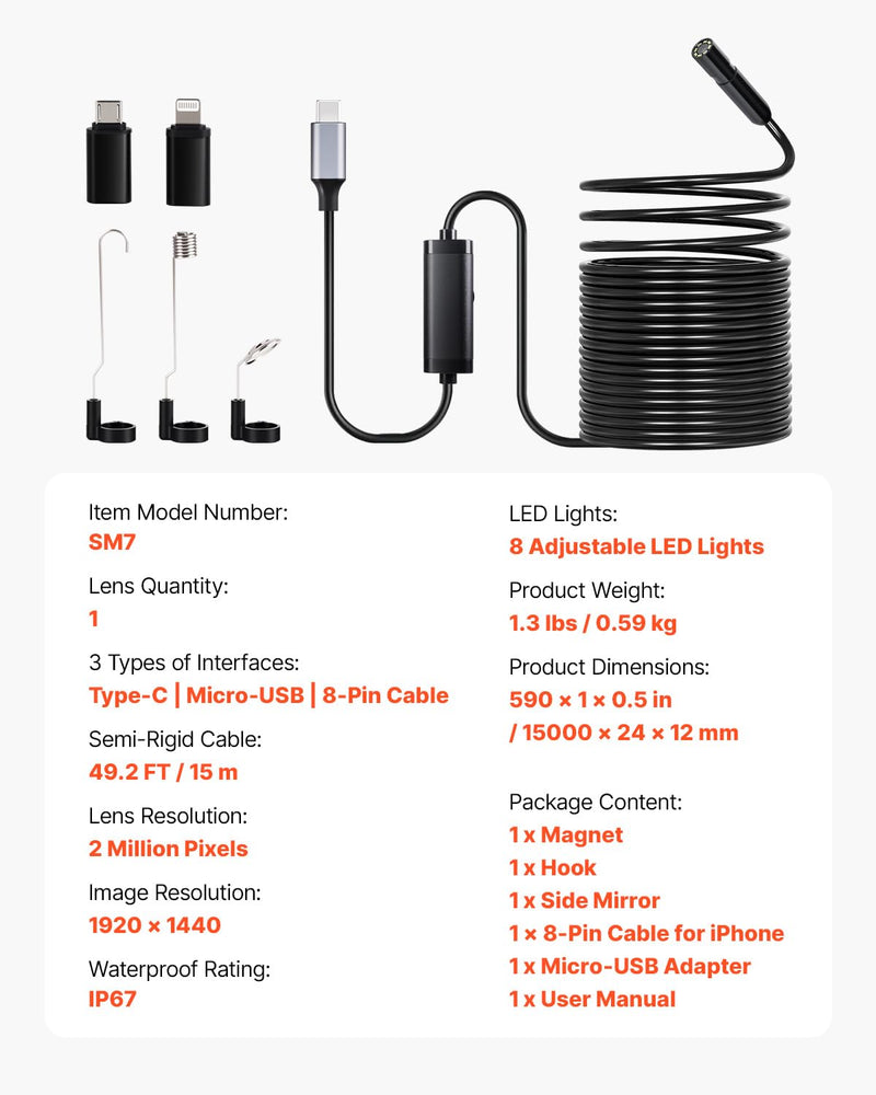VEVOR Endoscope Camera with 49.2FT Semi-Rigid Cable, 1920P HD Borescope for Android & iOS, Industrial Inspection Tool with Light - 8 LED, 2X Zoom, IP67 Waterproof Snake Camera for Auto, Plumbing
