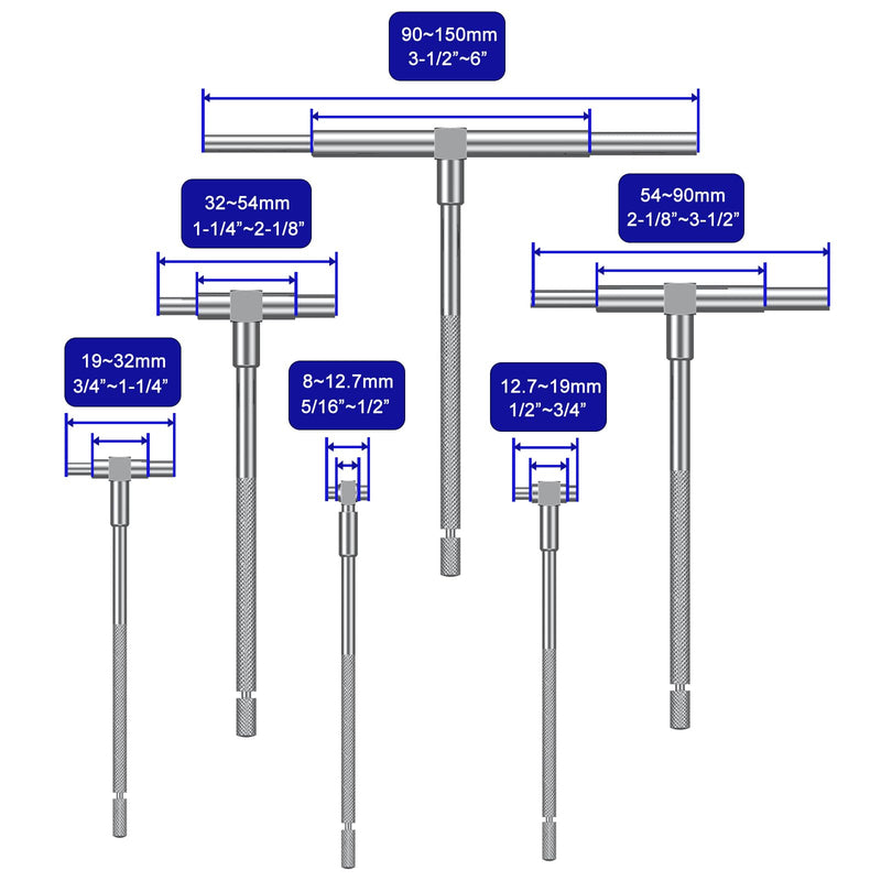 HDLNKAK Telescoping Gage Set, 6 Pack Stainless Steel T - Bore Hole Gauges, Range 5/16" - 6", Telescopic Bore Gauge, Measurement Tool for Precision Parts to Large Machinery.