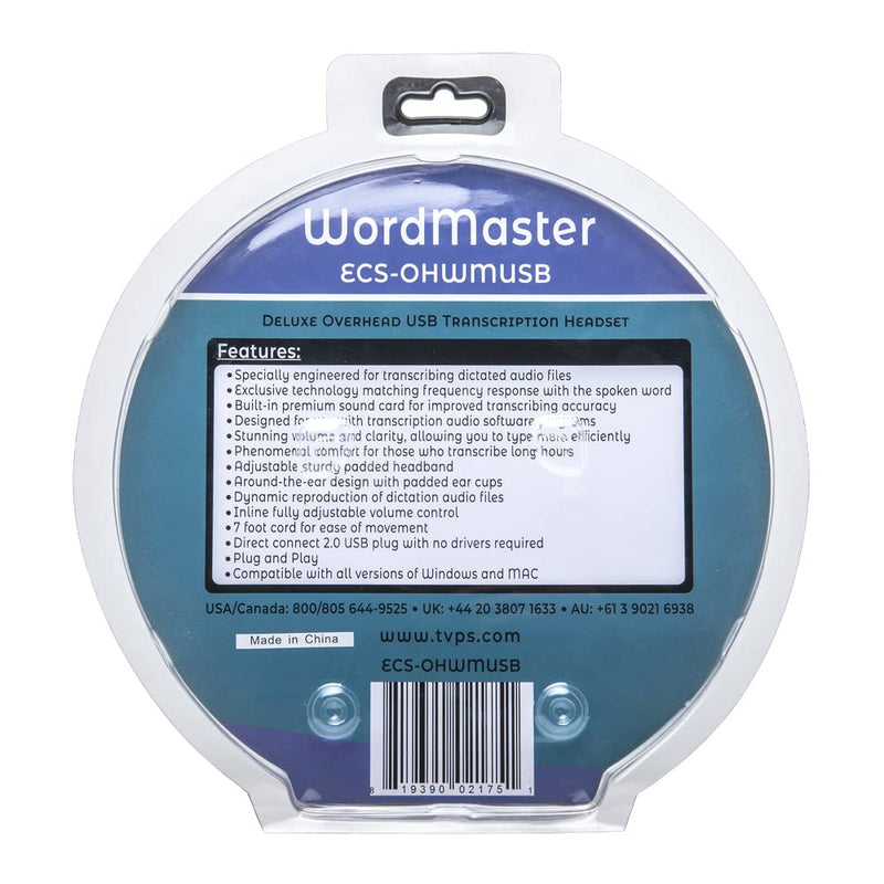 ECS WordMaster Transcription USB Headset, 7-Foot Cord, Over-Head, Around-Ear, Superb Audio Clarity, External Sound Card, Ideal for Transcribing Medical & Legal Dictation, Padded Headband & Ear Cups