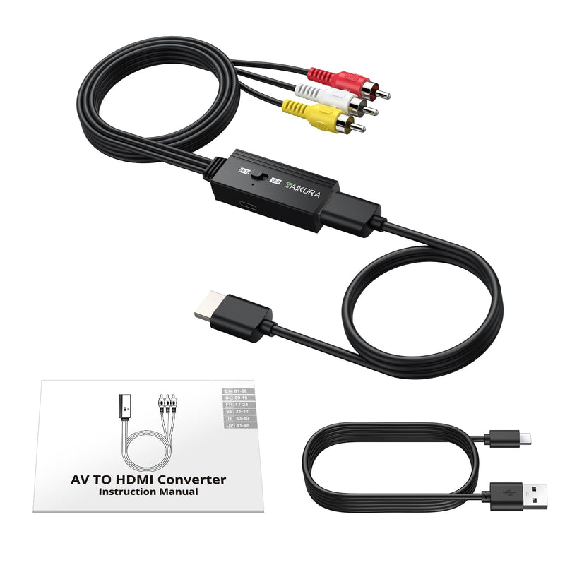 Male RCA to HDMI Converter for VCR VHS DVD Player to HDTV | 16:9/4:3 Adjustable Aspect Ratio Output,Plug and play,Supports PAL/NTSC,Output 1080P/60hz,Integrated all-in-one cable Male RCA to HDMI
