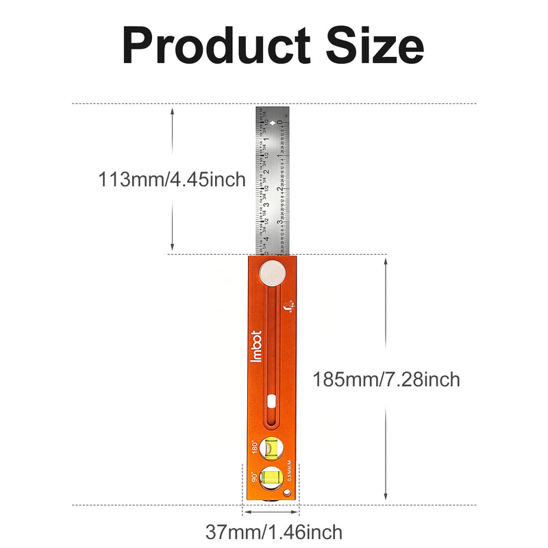 Imbot Adjustable Woodworking Leveling & Marking Ruler， 4-Inch Multi-Angle Tool With 90° And 180° Spirit Levels For Precise Carpentry, Scribing, Horizontal Alignment
