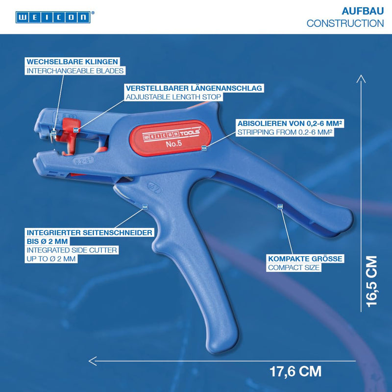 WEICON TOOLS Wire Stripper No. 5, automatic wire stripper 0.2-6 mm², wire stripper with side cutter up to 2 mm