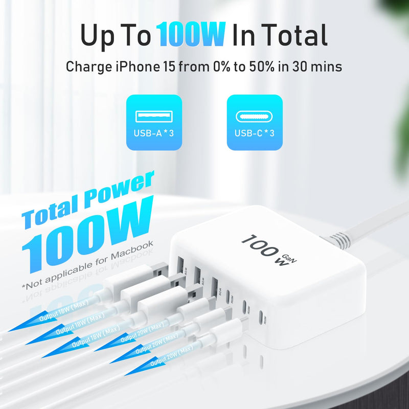 100W GaN 6 Port USB C Charging Station Hub Block Wall Charger Power Strip Adapter Plug Cube for iPad iPhone 15 14 13 12 11 Pro Max Pixel Note Galaxy