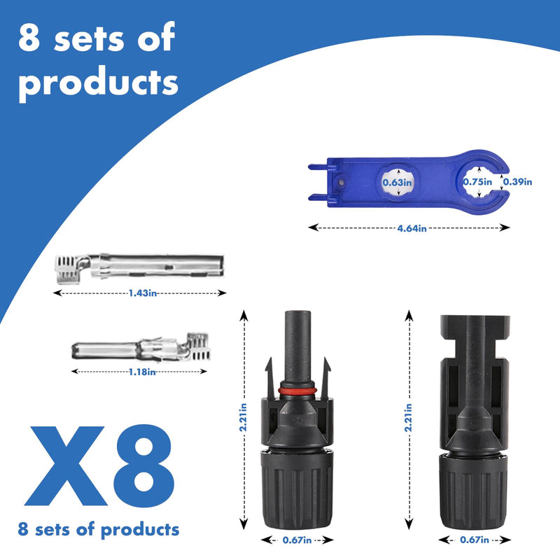 16 PCS Solar Panel Connectors, Male/Female IP67 Waterproof 1000V 30A Solar Cable Connectors (8 Pairs) with 2 Spanners（10AWG） 8 Pairs