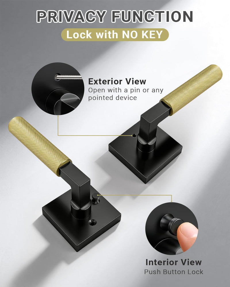 KNOBWELL 1 Pack Gold and Black Door Handle Square Doorknob with Lever Interior Door Lever for Bed and Bath (Push Button) Square Privacy Black and Gold