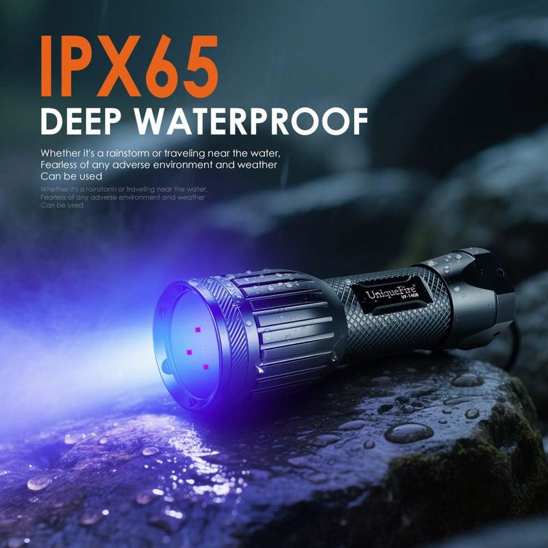 UniqueFire 1408 365nm Black Light UV Flashlight with 3 LEDs Professional UV Light,Powerful Blacklight Flashlight for Pet Urine Finding & Mineral, Antique Detection, Scorpion Search, etc Torch With T-C battery