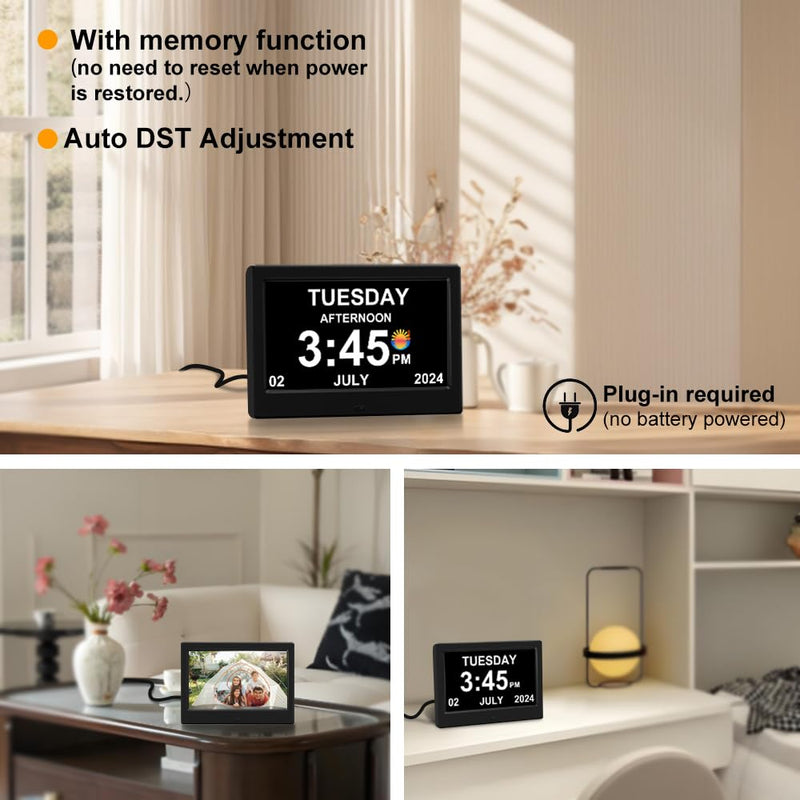 2026 Digital Clock Plug-in (No Battery), Power Outage Memory,DST Display Time, Date, Month, and Year Large-Font Clock for the Elderly 7inch black
