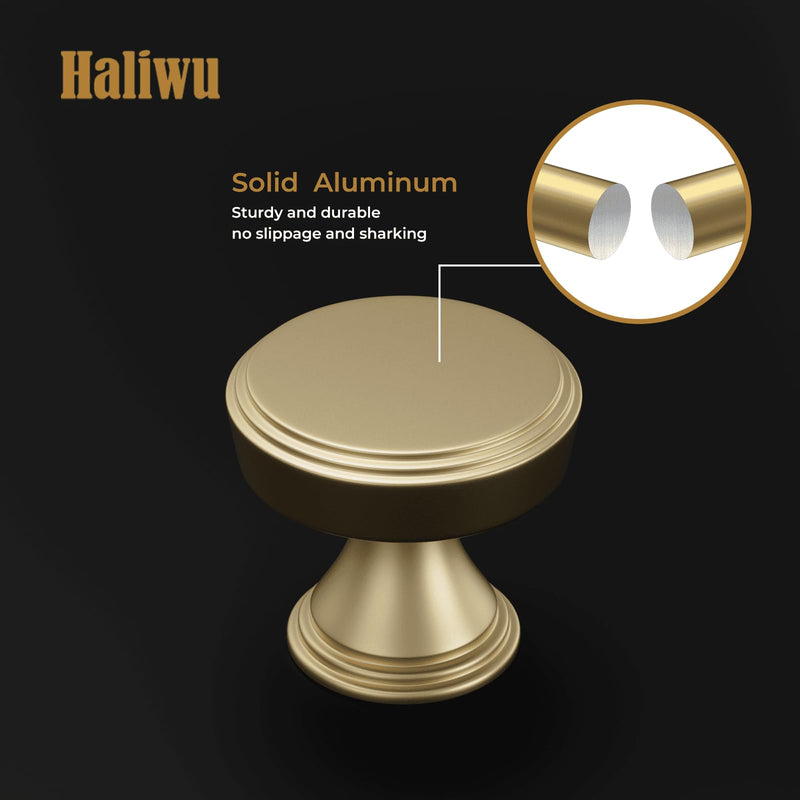 Haliwu 10 Pack Gold Cabinet Knobs Brushed Brass Drawer Knobs, Round Gold Cabinet Handles, Single Hole Kitchen Drawers Handles, Aluminum Alloy Hardware for Dresser Cupboard Brushed Gold