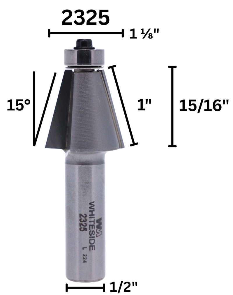 Whiteside 2325 Edge Bevel Router Bit: 15 Degree Angle, 1 Inch Cutting Length, 15/16 Inch Cutting Height, 1/2 Inch Shank, 1-1/8 Inch Large Diameter