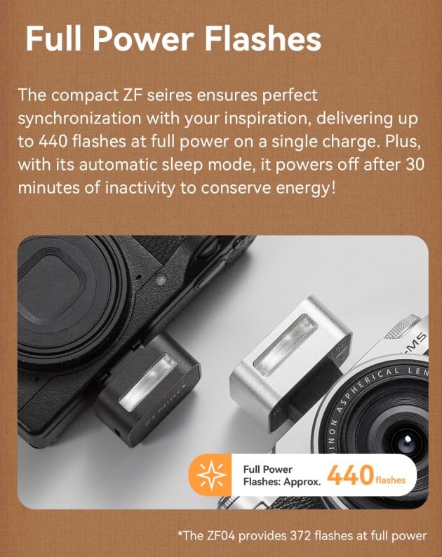 ZF08 Camera Flash - 440 Full Power Flashes/GN16 ISO200 0.5m/Type-C Charge/470mAh/3s Recycle Time/5 Power Levels/Mini Flash Compatible with Sony ZV-E10 ZV1 a7CII a7IV Ricoh GRIII etc. (Black) Black