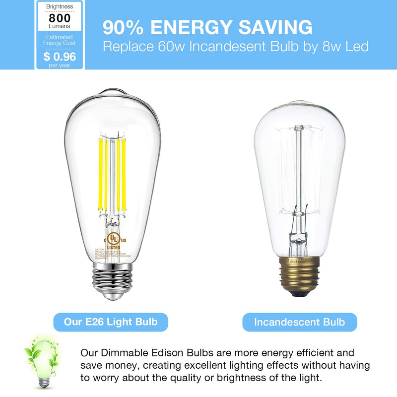 DAYBETTER 12 Pack Vintage LED Edison Bulbs, E26 Led Bulb 60W Equivalent, Dimmable Led Light Bulbs, High Brightness 800 LM Daylight White 5000K, ST58 Antique Filament Bulbs, Clear Glass Style for Home