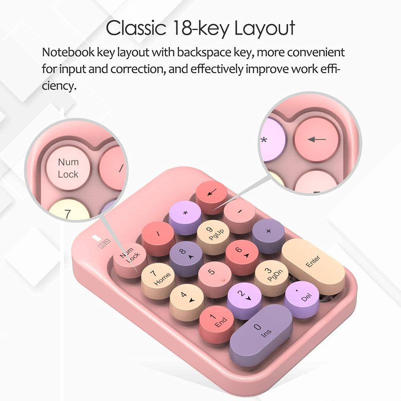 FELICON Wireless Numeric Keypad 18 Keys with 2.4G Mini Portable Silent Number Pad USB Receiver Financial Accounting Keyboard Extensions for Laptop Desktop PC Pro（Pink Mix） Pink Mix