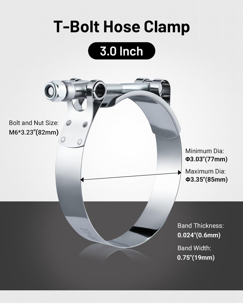 EVIL ENERGY 3 Inch T-Bolt Hose Clamps, Stainless Steel 304 Turbo Intake Clamps, 77-85mm Adjustable Range for 3" Hose ID, Intercooler Radiator Pipe Clamps for Silicone Coolant Hoses, 4PCS 3"