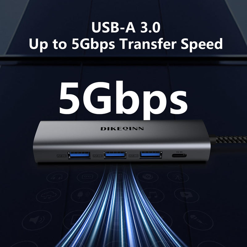 USB 3.0 Hub with Gigabit Ethernet, 3-Port USB-A 5Gbps + USB-C Power Port for MacBook, Dell, HP, Surface (Plug and Play) (USB-C)