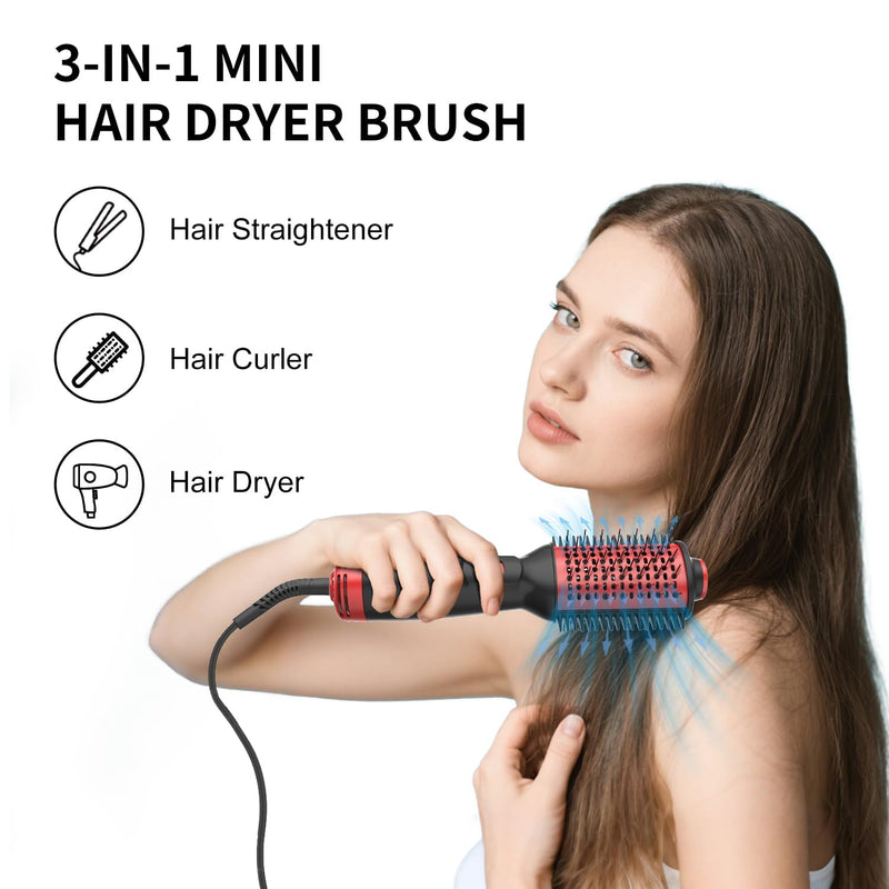 Leeko Hair Dryer Brush, 3-in-1 Hot Air Brush with 3 Temperature Settings, Lightweight Blow Dryer Brush, One-Step Hair Dryer and Styler, for Mid to Long Hair, Dual Voltage for Travel, Red