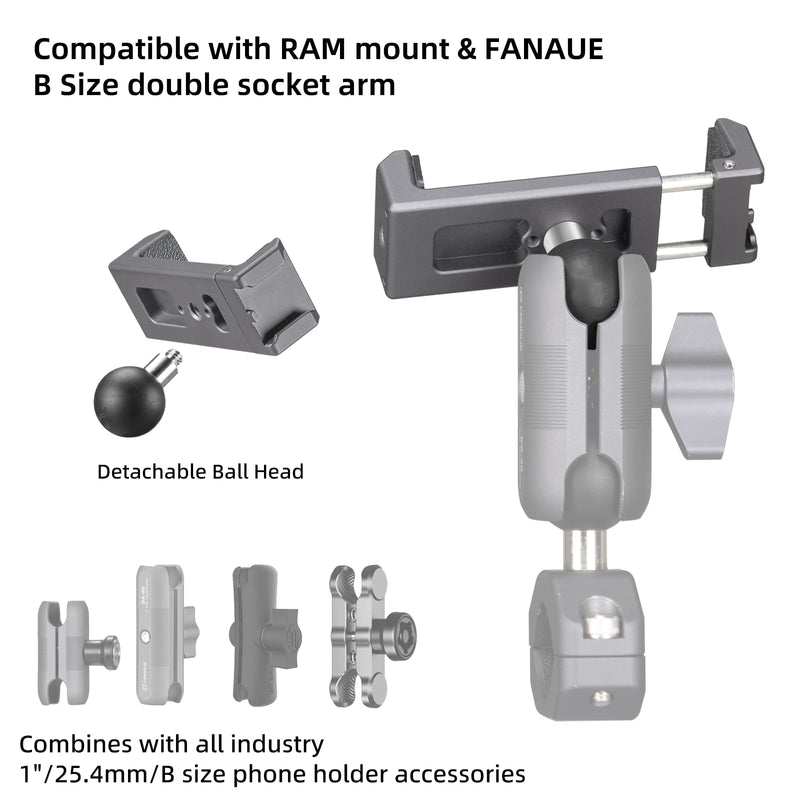 FANAUE Aluminum Phone Holder with 1" Ball Head Adapter Compatible with RAM mounts B Size Double Socket arm (CPC-08) CPC-08