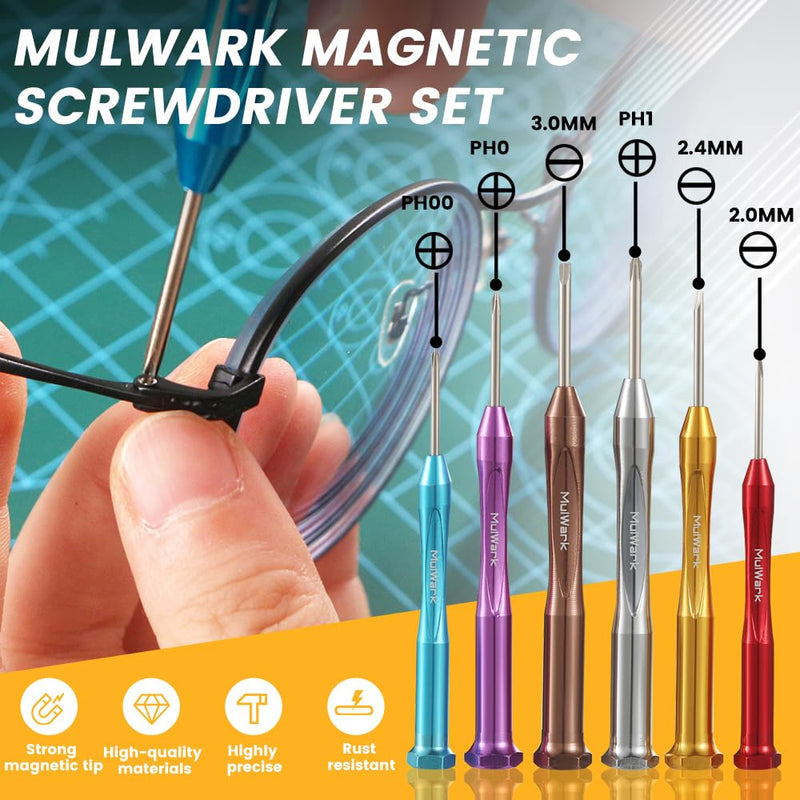 MULWARK Small Screwdriver Set, 6pcs Magnetic Mini Screwdriver Set, Micro Precision Flathead and Phillips Glasses Screwdriver with Case for Eyeglasses, Watches, Electronics, Phone And Computer 6PC Screwdriver Set